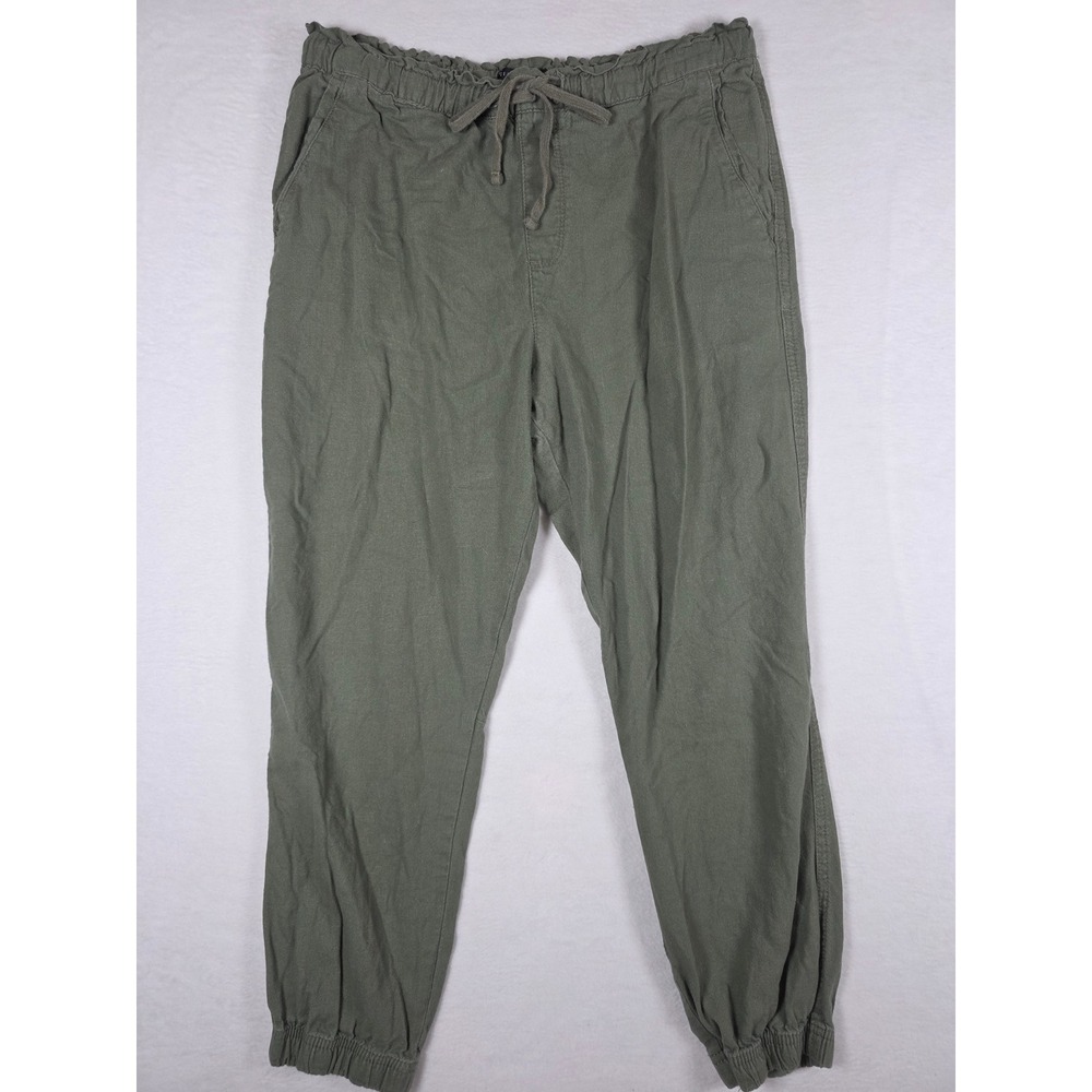 Linen Blend Joggers Large Olive Green Paperbag Utility Resortwear Boho Coastal